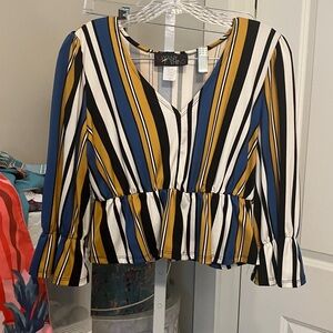 Savannah Women's V-Neck Striped Blouse - Blue, Yellow, Black